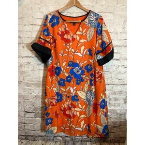 Danillo Boutique Dress‎ Womens 14W Bright Orange Retro Florals Flared Sleeve